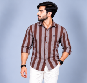 TEXTURED DOBBY COTTON WITH BOLD BROWN STRIP SHIRT