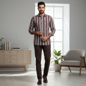 TEXTURED DOBBY COTTON WITH BOLD BROWN STRIP SHIRT